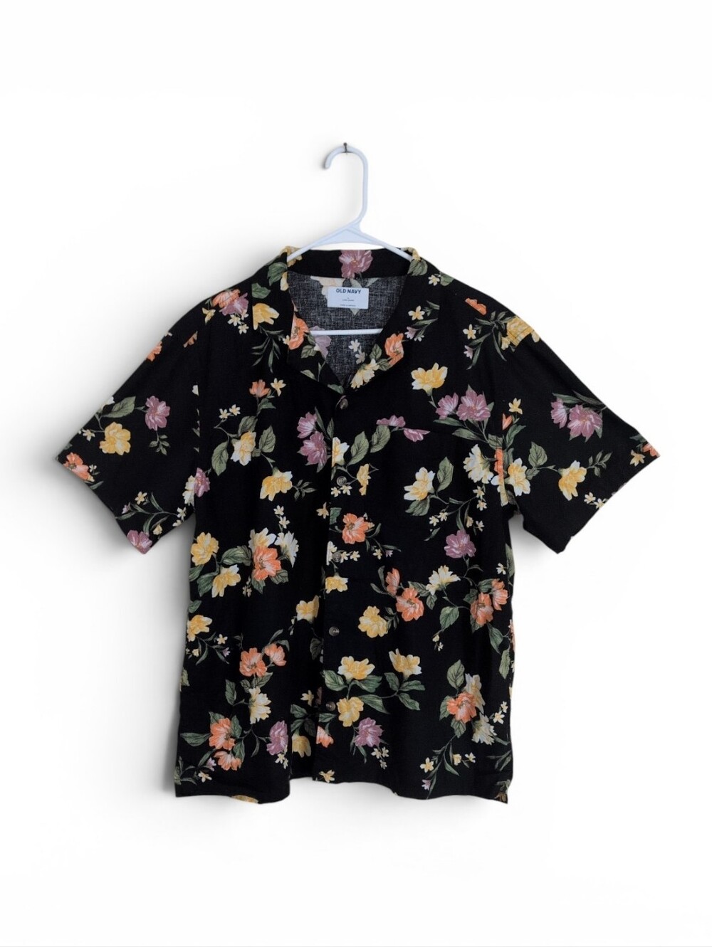 Old Navy Men's Shirt L Black Floral Print Button-Up Linen Blend Vacation